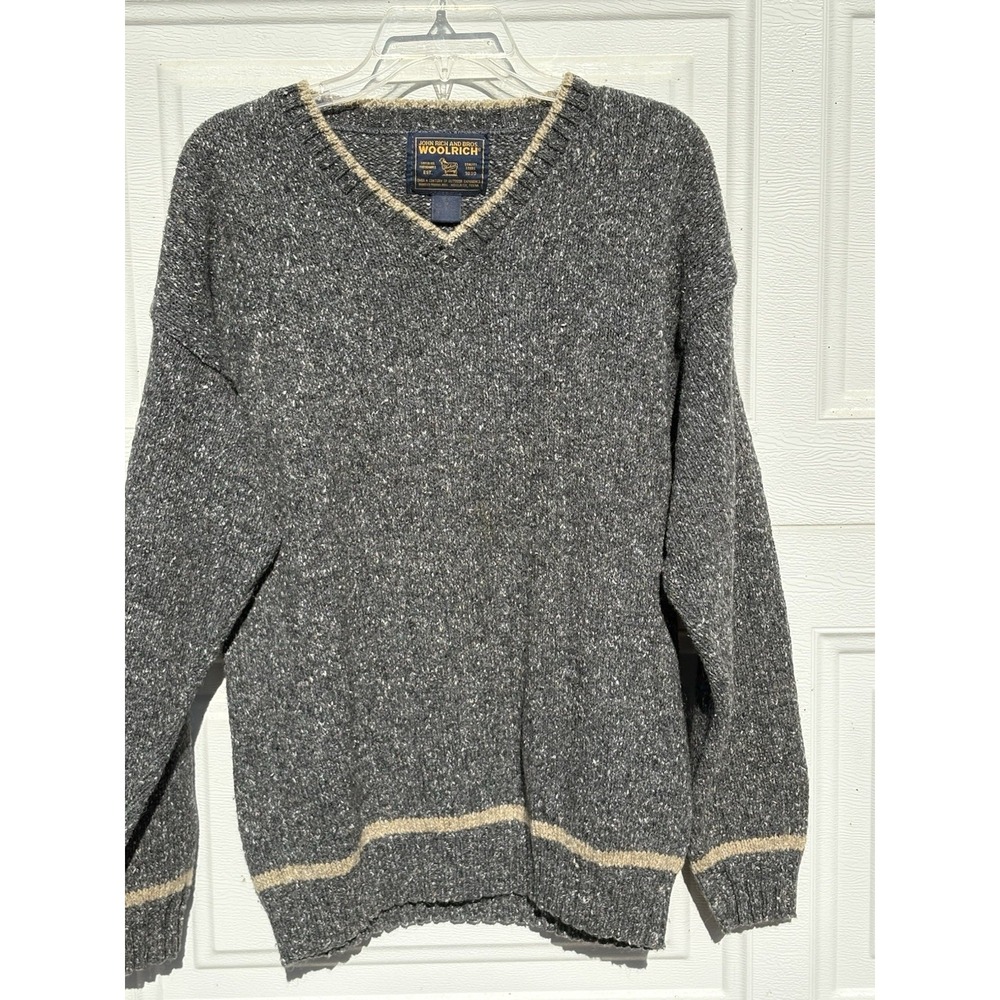 Woolrich Sweater Men's Medium Gray V Neck Wool Blend USA Cabin Lodge Cozy